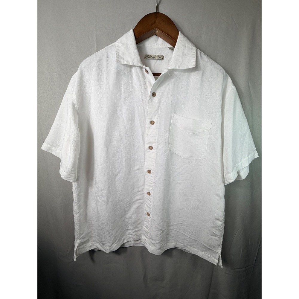 Batik Bay Mens Shirt White Large Short Sleeve Tropical Palm Jacquard Button Up